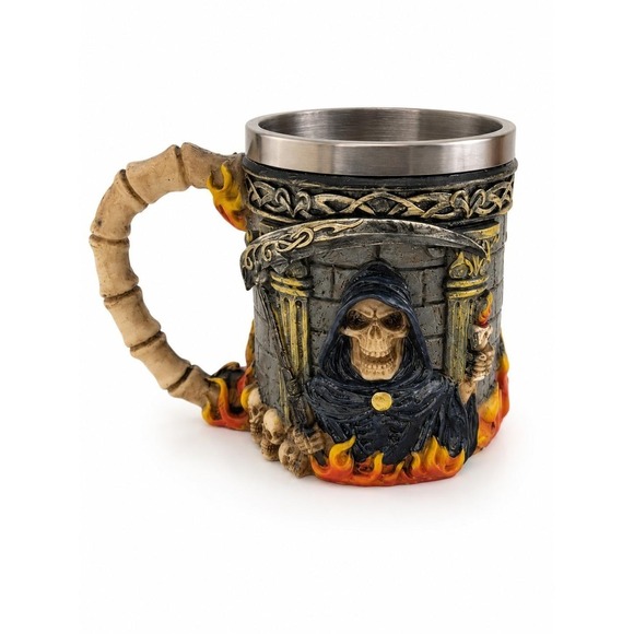 The Unbranded Brand Other - Grim Reaper Gothic Tankard Mug Skull Bone Handle Stainless Steel Lined Beer